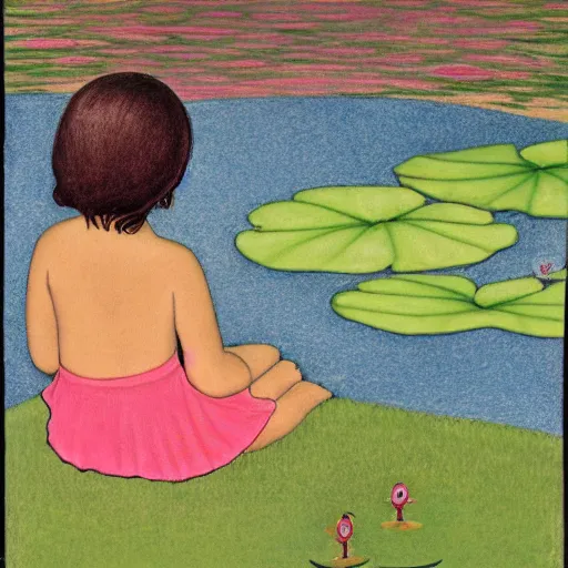 Prompt: Mixed media art. a young girl is sitting on the edge of a pond, with her feet in the water. She is looking at a frog that is sitting on a lily pad in the pond. colored pencil art by Horace Pippin jaunty