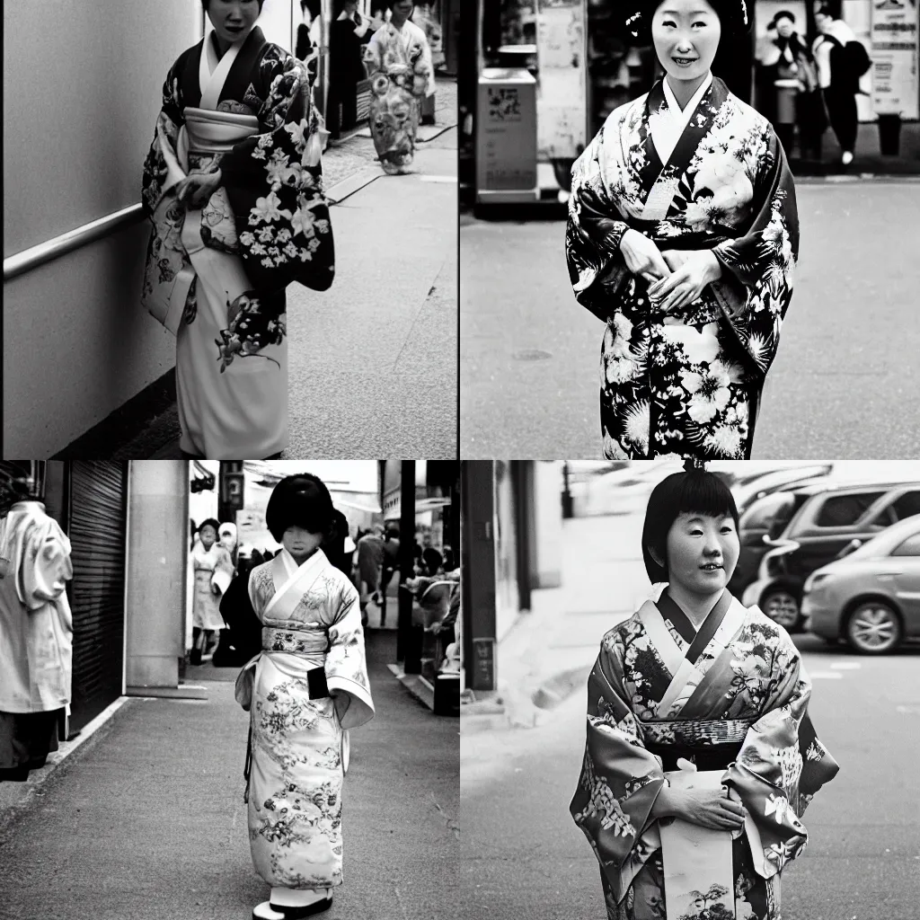 Image similar to photograph of a beautiful Japanese woman in kimono in a street, the woman did not expect to be photographed, Ilford HP5 film