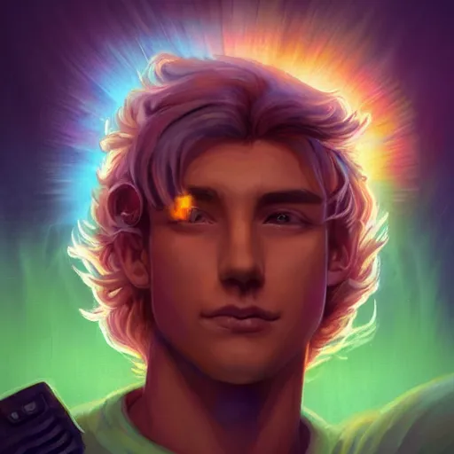 Image similar to bust of a light haired young man with a scar across his left eye has an epic idea, rainbowpunk, scandalpunk, high detail, concept art, neon color, vivid color, floating particles, glowing green eyes, spiral smoke, background by john harris + andreas rocha, artwork by charlie bowater + artgerm + anato finnstark + ross tran