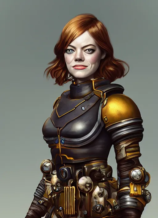 Image similar to emma stone as a steampunk space marine, au naturel, hyper detailed, digital art, trending in artstation, cinematic lighting, studio quality, smooth render, unreal engine 5 rendered, octane rendered, art style by klimt and nixeu and ian sprigger and wlop and krenz cushart.