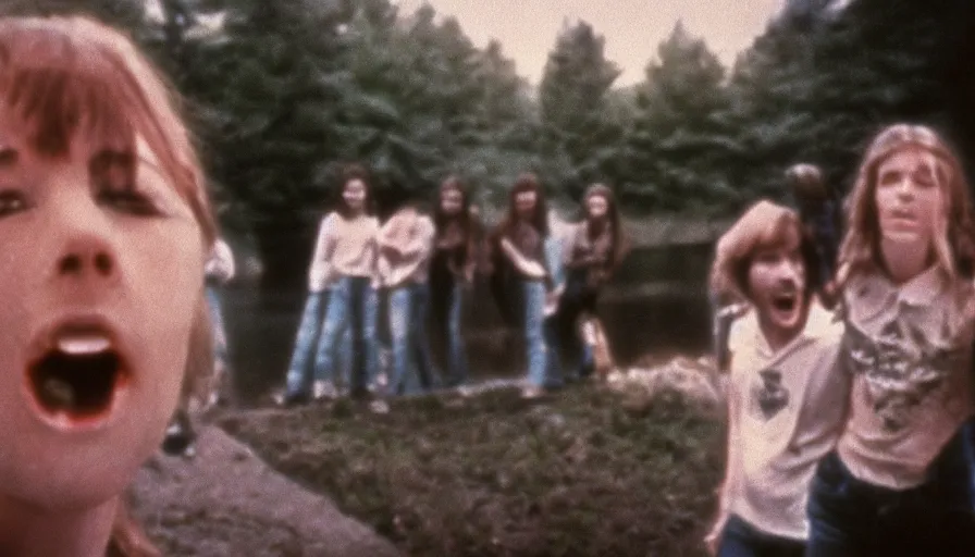 Image similar to 7 0 s film still from a horror movie about teenagers yelling next river, kodachrome, cinecolor, cinestill, film grain, film texture, retro, cinematic, high resolution, photorealism,