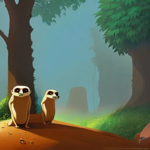 Prompt: goro fujita ilustration a beautiful meerkat walking calmly through a rain forest with the first rays of sun by goro fujita, painting by goro fujita, sharp focus, highly detailed, artstation