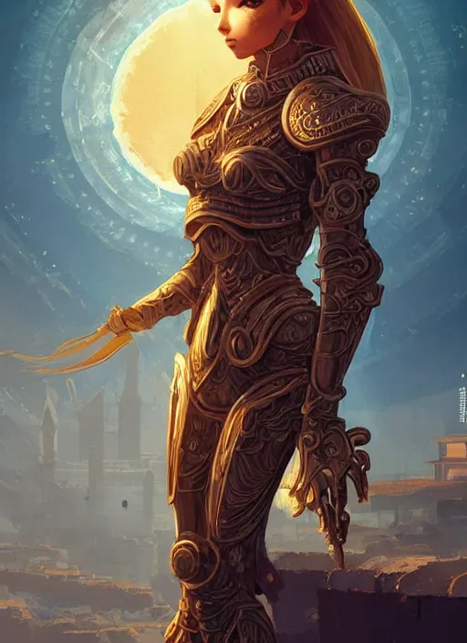 Prompt: portrait knights of zodiac girl, golden and copper shining armor, in ruined agora of athens sunrise, ssci - fi and fantasy, intricate and very very beautiful and elegant, highly detailed, digital painting, artstation, concept art, smooth and sharp focus, illustration, art by tian zi and ilya kuvshinov and wlop and z - - ed