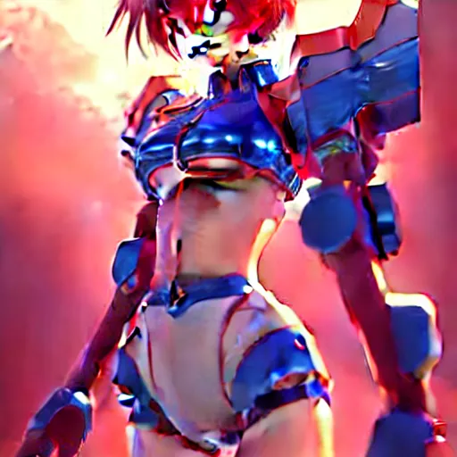 Image similar to digital anime art, wlop, rossdraws, sakimimichan, > > very small cute girl < < standing on a large table, red mech arms and red mech legs,