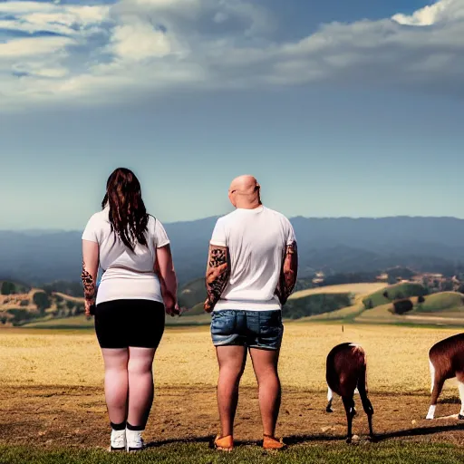 Prompt: portrait of a young chunky bald white male tattoos and his young white female brown hair wife with tattoos. male is wearing a white t - shirt, tan shorts, white long socks. female is has long brown hair and a lot of tattoos. photo taken from behind them overlooking the field with a goat pen. rolling hills in the background of california and a partly cloudy sky