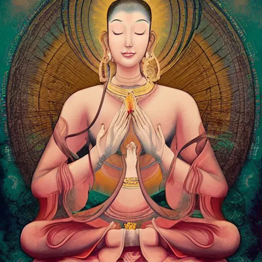 Prompt: contented female bodhisattva, praying meditating, portrait illustration by Anna Dittmann
