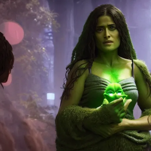 Image similar to a green salma hayek with ( ( ( ( yoda ) ) ) ) ears greg rutkowski and jason chan highly detailed cinematic lighting octane render unreal engine