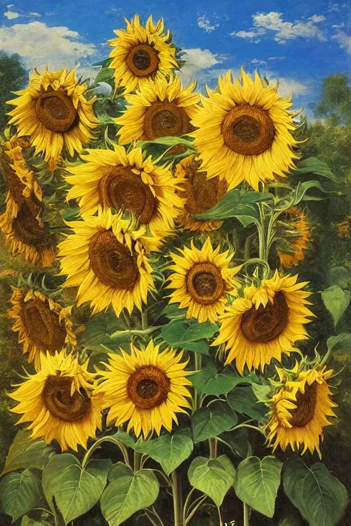 Prompt: lots of sunflowers in a garden, golden hour, artstation, by J. C. Leyendecker and Peter Paul Rubens