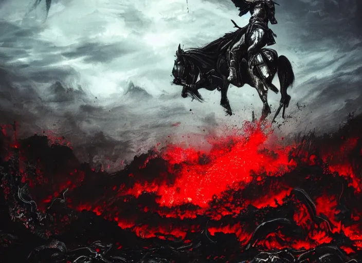 Image similar to a large man in full plate of black armor, splattered in blood, steaming rising, riding a large black horse with red glowing eyes and red wisps emanating from horses eyes, blackened clouds cover sky crackling with lightning and rain in the distance, a castle in distance in flames and ruins, the ground is dark and cracked,