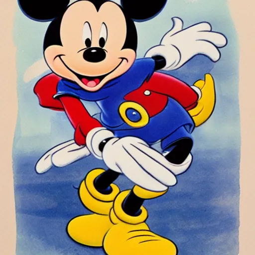 Image similar to mickey mouse is a monster, by carl barks, marc davis and glen keane, watercolor