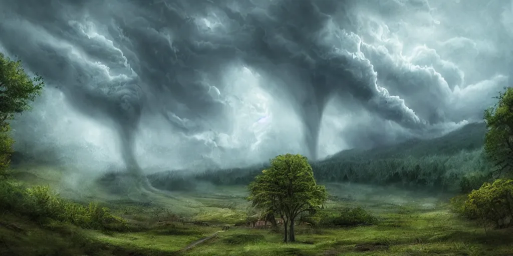 Image similar to A tornado in a beautiful scenic landscape, nature, trees, wide angle, super highly detailed, professional digital painting, artstation, concept art, smooth, sharp focus, no blur, no dof, extreme illustration, Unreal Engine 5, Photorealism, HD quality, 8k resolution, cinema 4d, 3D, beautiful, cinematic, art by artgerm and greg rutkowski and alphonse mucha and loish and WLOP