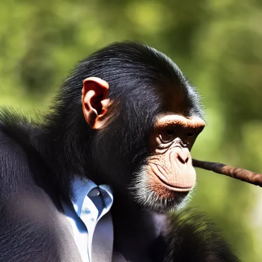 Image similar to a high detail closeup shot of a chimp wearing a suit and smoking a cigar