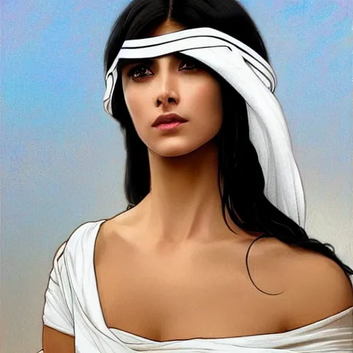 Prompt: faceshot of modern tanned Ameera al-Taweel, blue eyes, wavy black hair, white veil, highly detailed, digital painting, artstation, concept art, smooth, sharp focus, illustration, trending on ArtStation, art by artgerm and greg rutkowski and alphonse mucha and J. C. Leyendecker and Edmund Blair Leighton and Katsuhiro Otomo and Geof Darrow and Phil hale and Ashley wood and Ilya repin and Charlie Bowater