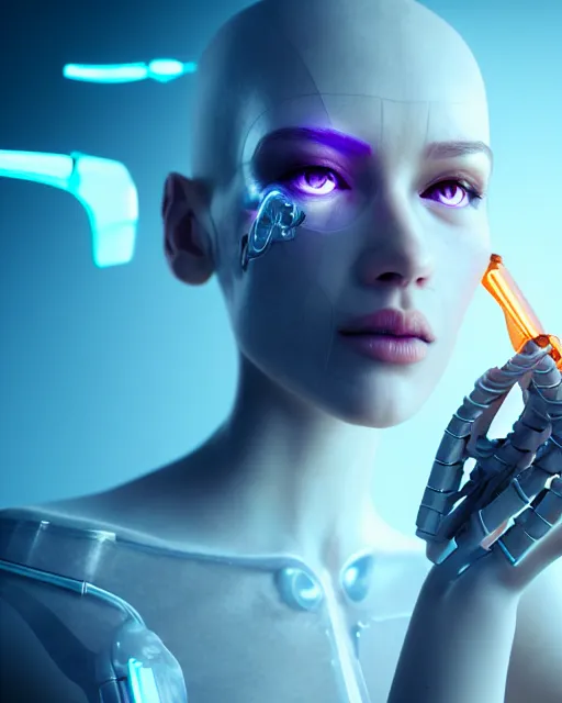 Image similar to a 3 d render of a beautiful female translucent cyborg trying to fix her broken head with futuristic tools, dreamy, elegant photorealistic, cinematic, octane render,