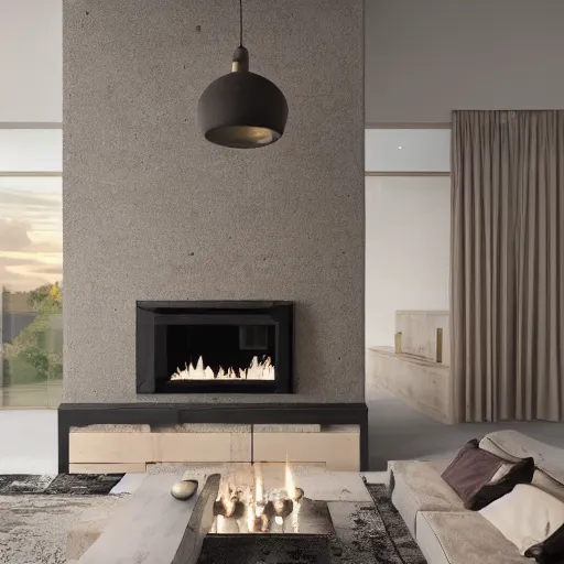 Prompt: cosy fireplace, modern home design interior, living room with couches, octane render, hyperrealistic, concrete archetecture, vray, volumetric lighting, cinema 4 d, unreal engine