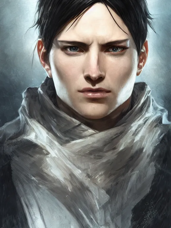 Image similar to levi ackerman, the lord of the rings, hyper detailed,, 8 k realistic, trending in artstation, digital painting, studio quality, cryengine, frostbite 3 engine, character design, smooth, sharp focus, art by artgerm and greg rutkowski and alphonse mucha and ian sprigger and wlop and krenz cushart