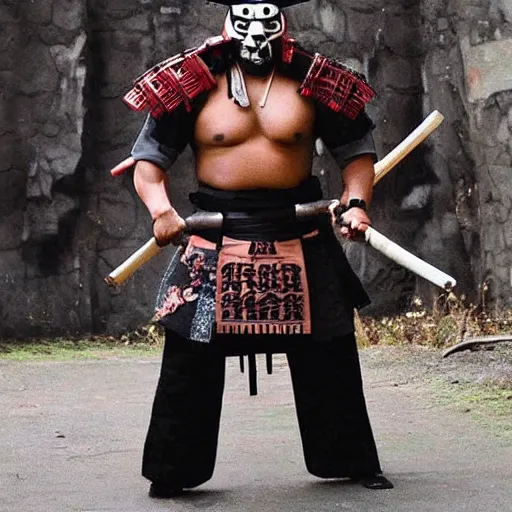 Image similar to big buff strong very buff samurai wearing an oni mask, movie still