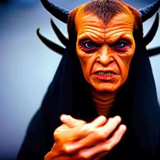 Image similar to uhd photorealisitc candid photo of satan. correct costume. correct face, accurate face. photo by annie leibowitz and steve mccurry