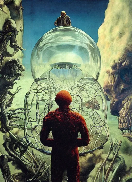 Image similar to hyper realistic end of the world by francis bacon and zdzisław beksinski and norman rockwell and greg rutkowskiweta studio, tokyo futuristic in background, and lucasfilm, still from the movie prometheus in the style of c. leyendecker, realm of the ovarian machine, horror art, the darkest hour