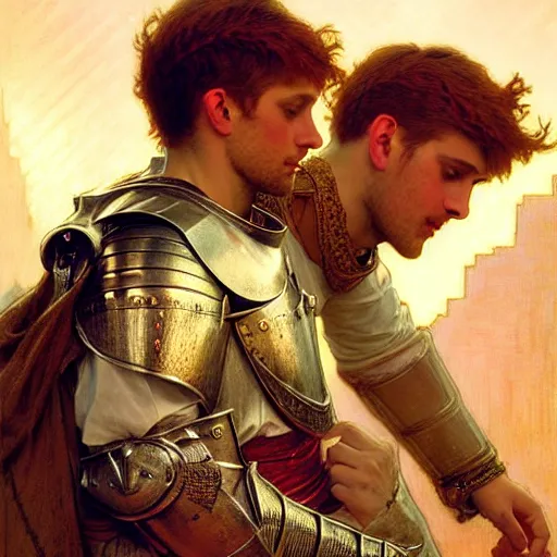 Image similar to attractive arthur pendragon and his attractive male knight, they are in love, natural lighting, path traced, highly detailed, high quality, digital painting, by gaston bussiere, craig mullins, alphonse mucha j. c. leyendecker