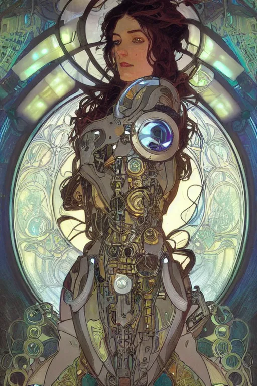 Image similar to realistic detailed portrait of a mecha cyberpunk! goddess by Alphonse Mucha, Charlie Bowater, Art Nouveau cyberpunk! style, mechanical accents!, mecha plate armor, glowing LEDs, flowing wires with leaves, rich deep moody colors