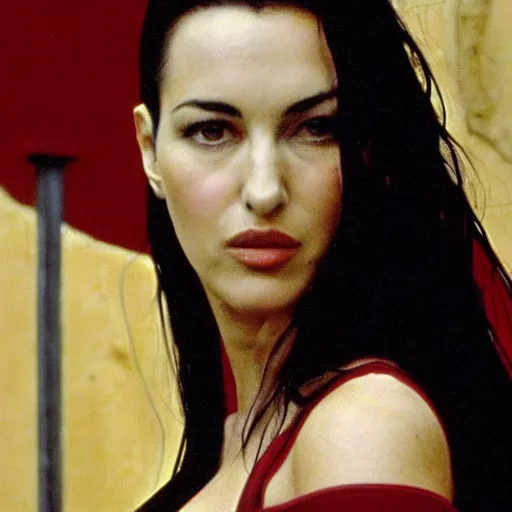 Image similar to realistic portrait of young Monica Bellucci wearing a red dress in the movie The Matrix,