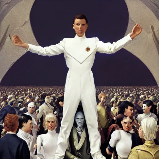 Prompt: portrait of a regal prince in futuristic white clothes, high collar, sharp cheekbones, hopeful expression, surrounded by a crowd of furious people, matte painting, digital art, chesley bonestell