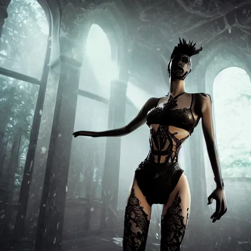 Image similar to full body pose, hyperrealistic photograph of a gothic bikini, dim volumetric lighting, 8 k, octane beautifully detailed render, extremely hyper detailed, intricate, epic composition, cinematic lighting, masterpiece, trending on artstation, very very detailed, stunning, hdr, smooth, sharp focus, high resolution, award, winning photo, dslr, 5 0 mm