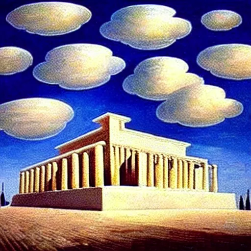 Prompt: clouds shaped like the second temple in jerusalem, awe inspiring, masterpiece surrealism