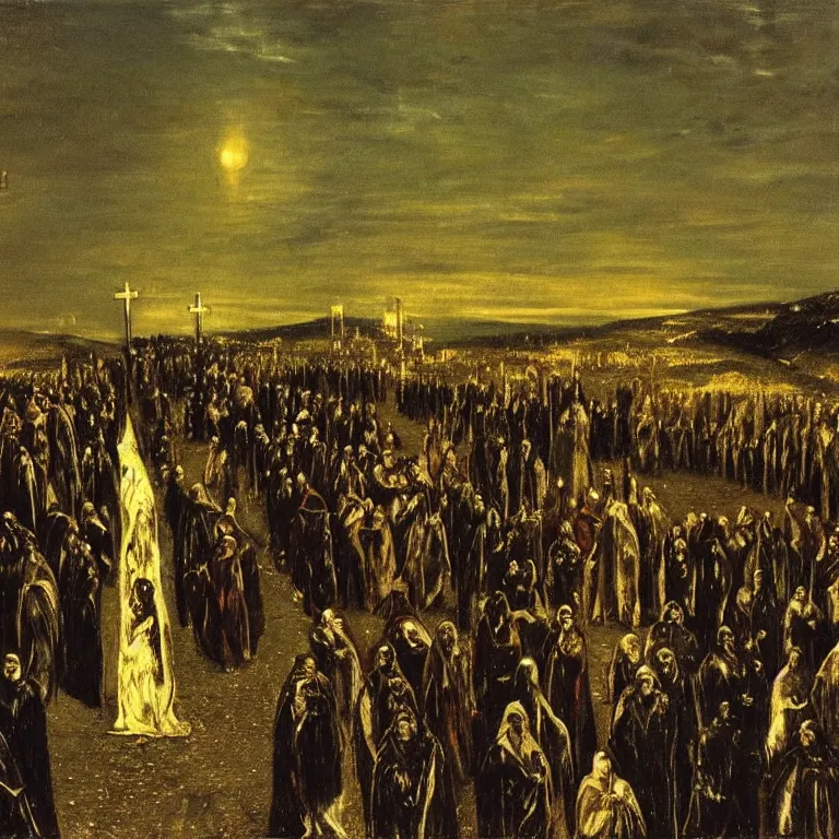 Prompt: A Holy Week procession of souls in a Spanish landscape at night. A figure at the front holds a cross. El Greco, John Atkinson Grimshaw.