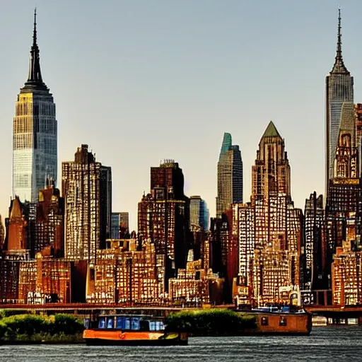 Image similar to new york skyline with gothic architecture, very details