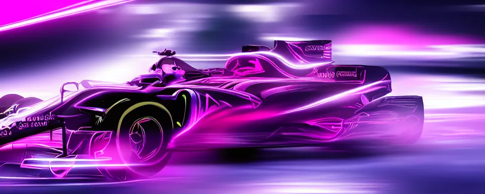 Image similar to abstract illustration of a formula one car, synthwave, purple and pink, motion blur, light streaks, octane render