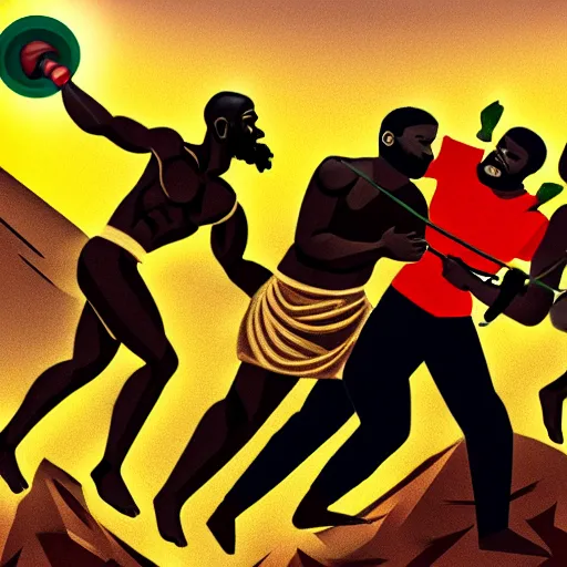 Image similar to black person with golden mace in hands fighting lenin in mountains, photorealistic