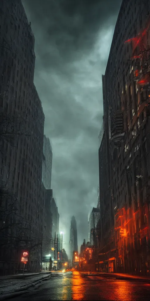 Prompt: Abandoned streets of New York, dark and misty, lightning storm, vibrant colors, by Stephen King, misty, moody, sinister, cinematic lighting, cinematic color grading, 8k render, hyperrealistic, ultra HD, Unreal Engine 5 render