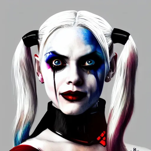 Image similar to Harley Quinn from the suicide squad, portrait, playful, fantasy, medieval, beautiful face, vivid colrs, elegant, concept art, sharp focus, digital art, Hyper-realistic, 4K, Unreal Engine, Highly Detailed, HD, Dramatic Lighting by Brom, trending on Artstation,