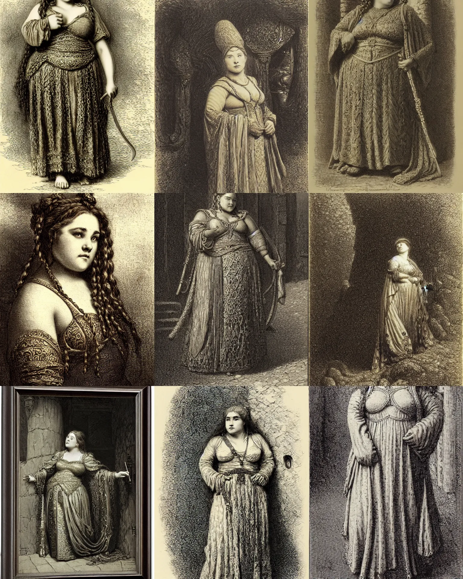 Prompt: female dwarven noblewoman, chubby short stature, braided intricate hair, by gustave dore