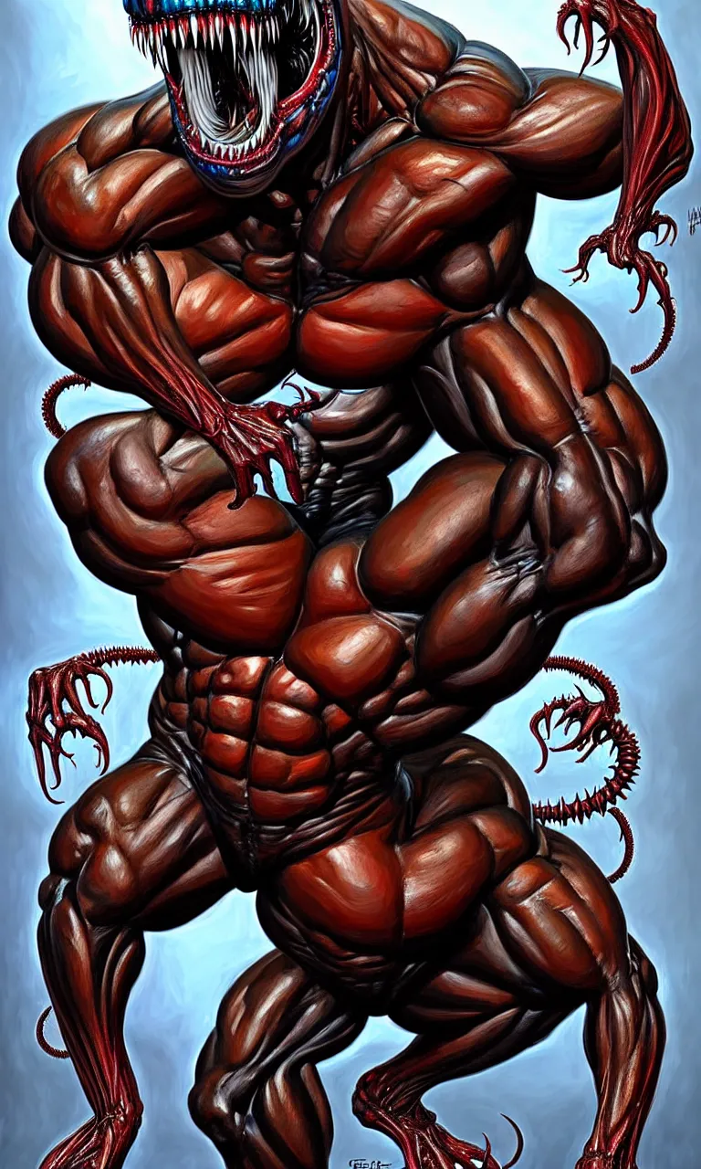 Image similar to legs and feets study of hyper realist full body long shot portrait of bodybuilder venom from marvel comics!!!!, large mouth with teeth, large tongue, lovecraftian horror!!, fantasy, intricate, elegant, highly detailed, digital painting, artstation, concept art, matte, sharp focus, illustration, art by glenn fabry and giger