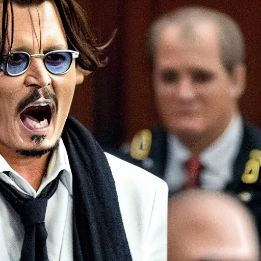 Prompt: johnny depp screaming cheerfully in court as he wins defamation case, 4 k, photorealistic photography