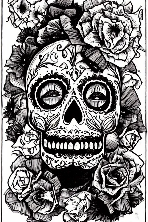 Prompt: Illustration of a sugar skull day of the dead girl, art by charles vess