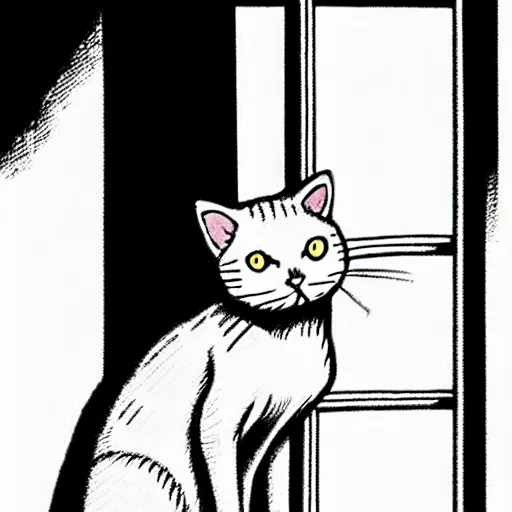 Image similar to a grey british short cat is sitting in front of a closed white door. the cat is holding a megaphone. the cat is meowing through the megaphone. creepy. manga art by Junji Ito.