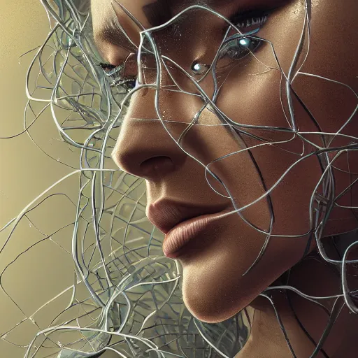 Prompt: a highly detailed digital image of a futuristic woman shattered and beautifully entangled in vines, by Andrew Chiampo, artstation, and Frederik Heyman, extremely detailed woman, stunning volumetric lighting, hyperrealism, fantasy. 4k