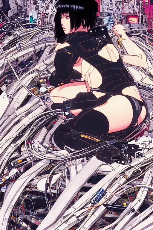 Image similar to hyper coherent motoko kusanagi kneeling on a white in style of masamune shirow, empty floor, with a mess of wires and cables coming out of her head and backside, by Yukito Kishiro and katsuhiro otomo, illustration, cyberpunk, hyper-detailed, colorful, complex, intricate, masterpiece, epic