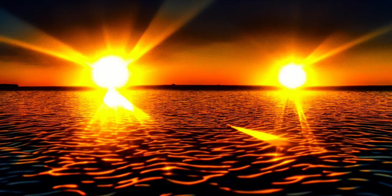 Prompt: photo of a sunset taken from underwater, rays of sunlight refract and glimmer through the water, caustics