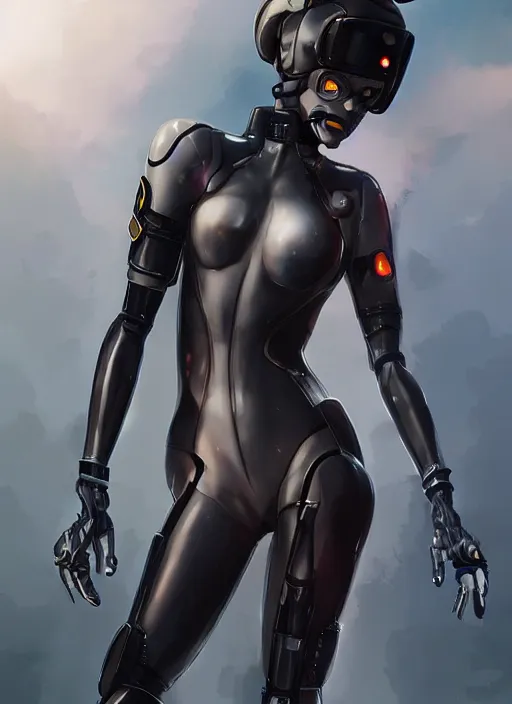 Image similar to Digital painting of a female mech pilot in a black latex bodysuit, by Ross Tran, WLOP, concept art, Artstation, 00s anime, bokeh background, complementary rim lighting, posing, no helmet