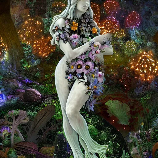 Prompt: glowing delicate flower and mushrooms that grow in a dark fatansy forest on the planet Pandora, an idealistic marble statue with fractal flowery hair in a fractal garden, flowers made of glass, symmetrical,