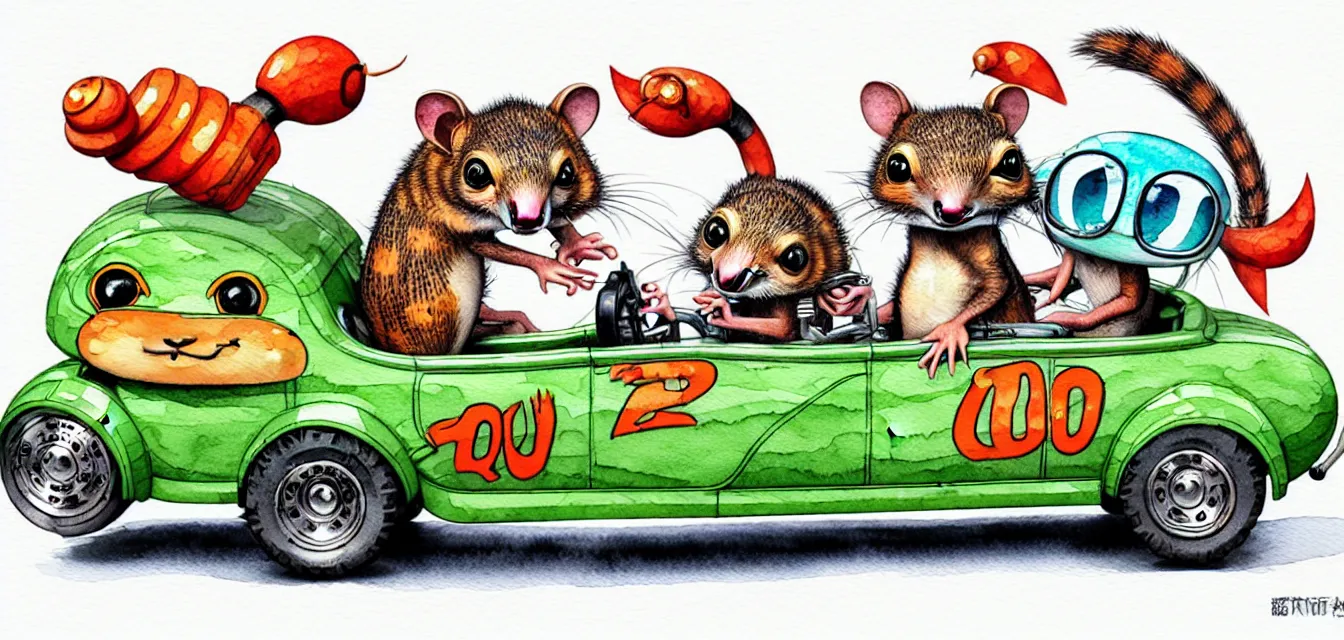 Image similar to cute and funny, quoll riding in a tiny hot rod with oversized engine, ratfink style by ed roth, centered award winning watercolor pen illustration, isometric illustration by chihiro iwasaki, edited by range murata, tiny details by artgerm and watercolor girl, symmetrically isometrically centered