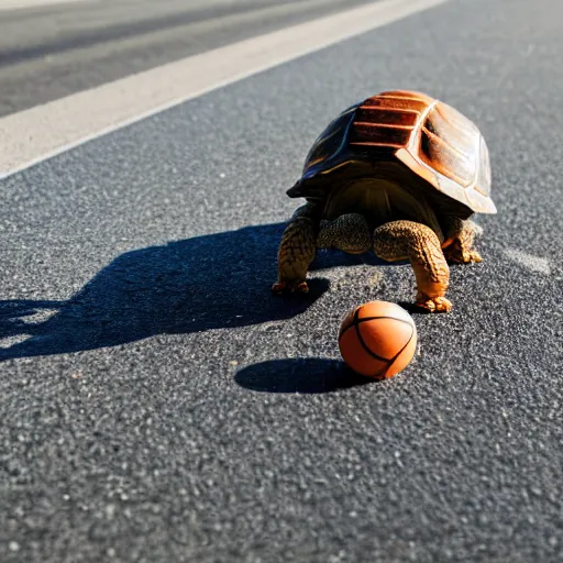 Prompt: a happy tortoise riding a basketball on the road, close up, dslr photo