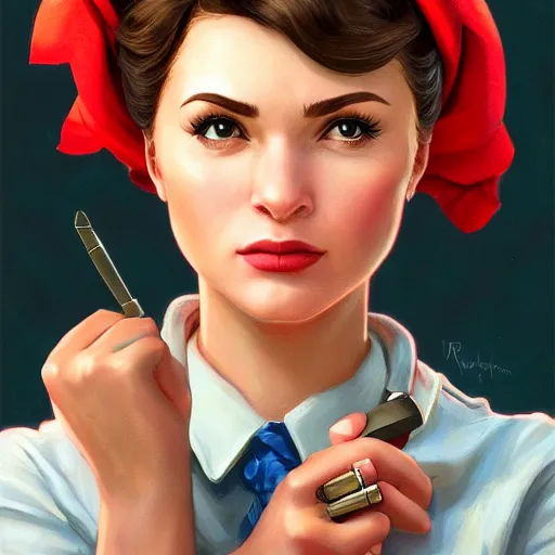 Image similar to A portrait of Rosie the Riveter, final fantasy, digital painting, portrait , cinematic lighting, highly detailed, artstation, concept art, illustration, smooth, sharp focus, artgerm , greg rutkowski, alphonse mucha, editor's pickup, trending on artstation, trending on deviantart, wlop, 8k