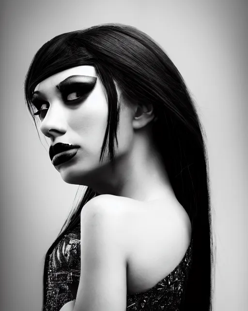 Image similar to a profile portrait, a stunning young woman - crow - cyborg, editorial photography, bw, shot on 7 0 mm, depth of field, f / 2. 8, high contrast, 1 6 k, volumetric lighting, shiny, insanely detailed and intricate, hypermaximalist, elegant, ornate, hyper realistic, super detailed