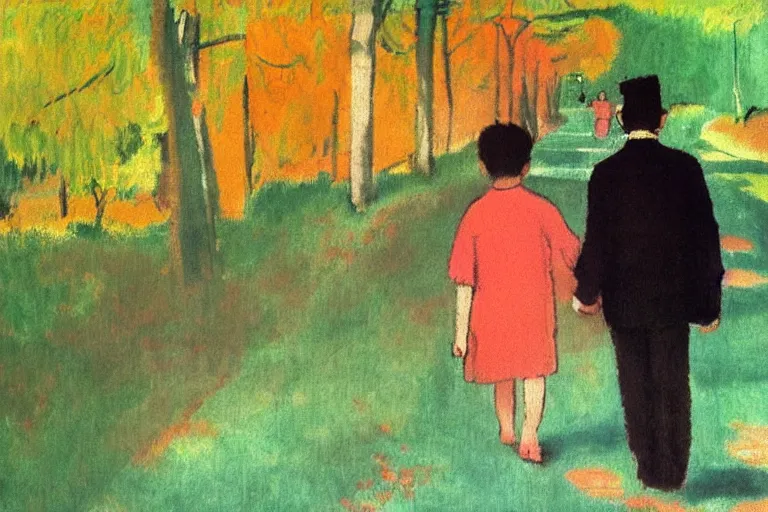 Image similar to a tall man with dark hair holding the hands of a small boy with dark hair as they walk down a suburban highway on a bright beautiful colorful day. part in the style of an edgar degas painting. part in the style of david hockney